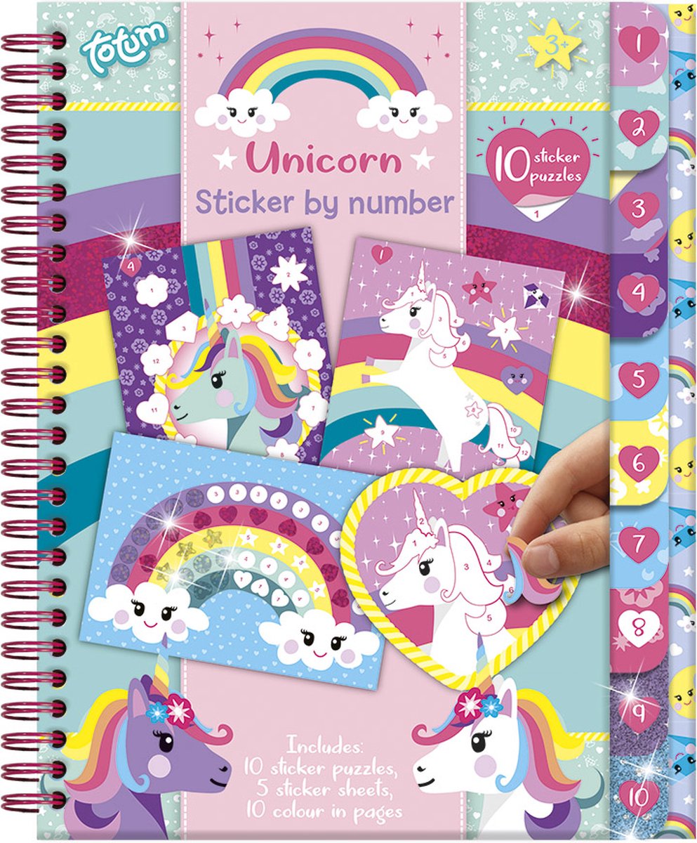 Totum - Totum unicorn sticker puzzel doeboek a5 - vakantieboek stickeren op nummer incl. kleurplaten - speelgoed meisjes vanaf 3 jaar