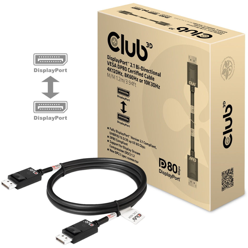 Club 3d displayport 2.1 bi-directional vesa dp80 certified kabel 4k 240 hz (zwart, 1,2 meter)