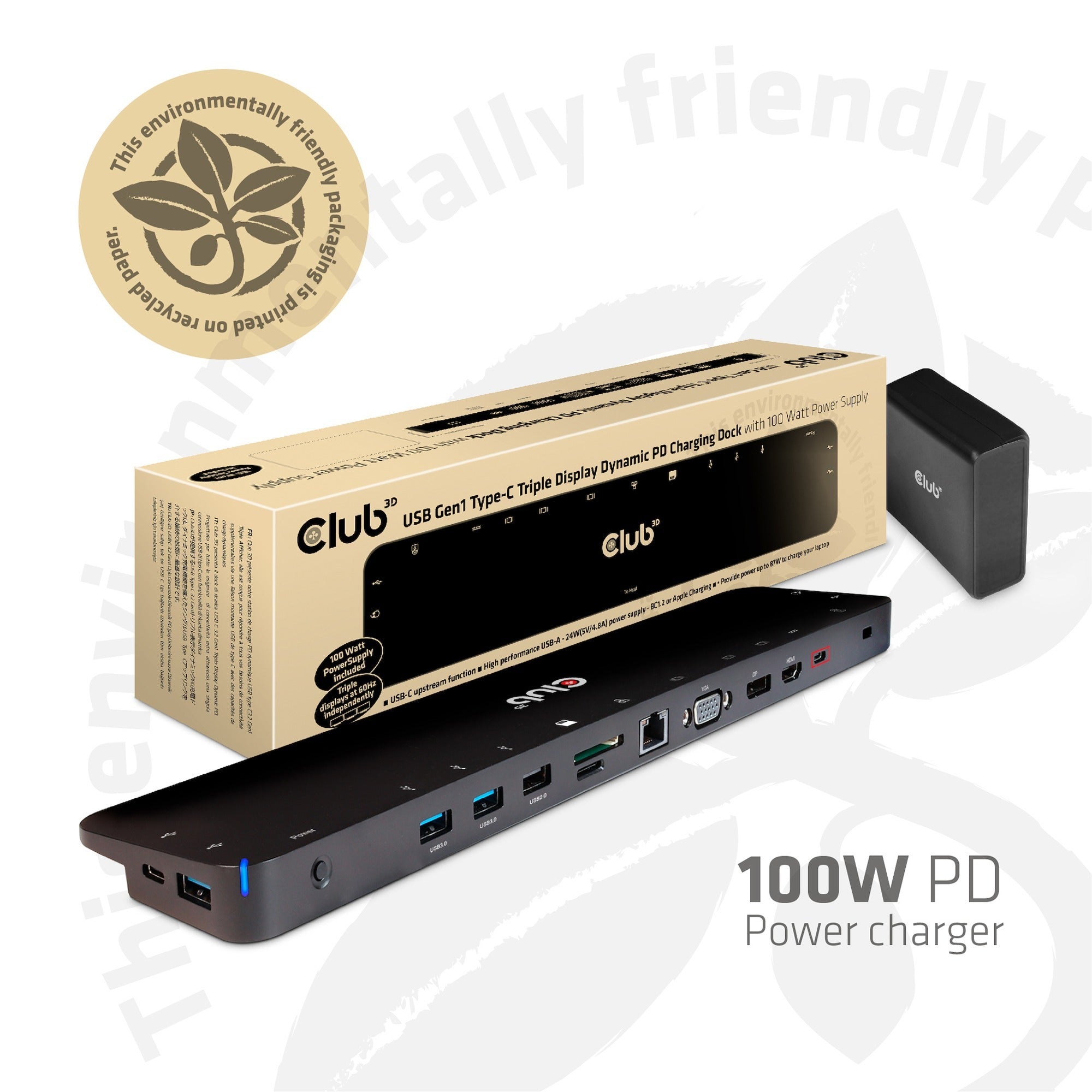 Club 3d usb-c 3.2 gen1 triple display dynamic pd charging dock 100w dockingstation (zwart)
