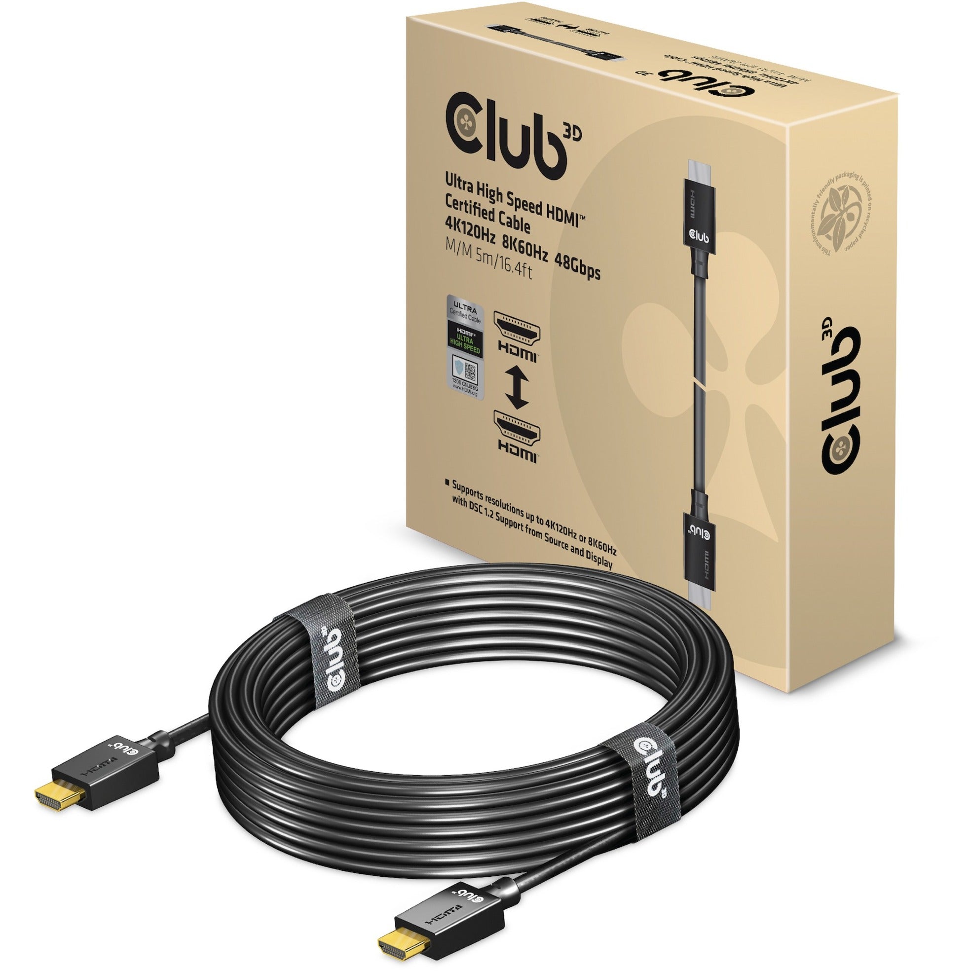 Club 3d ultra high speed hdmi certified kabel (zwart, 5 meter, 4k 120hz, 8k 60hz)