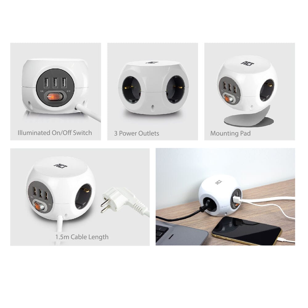 ACT - ACT vierkante stekkerdoos (pdu) met 3 sockets type f 15m