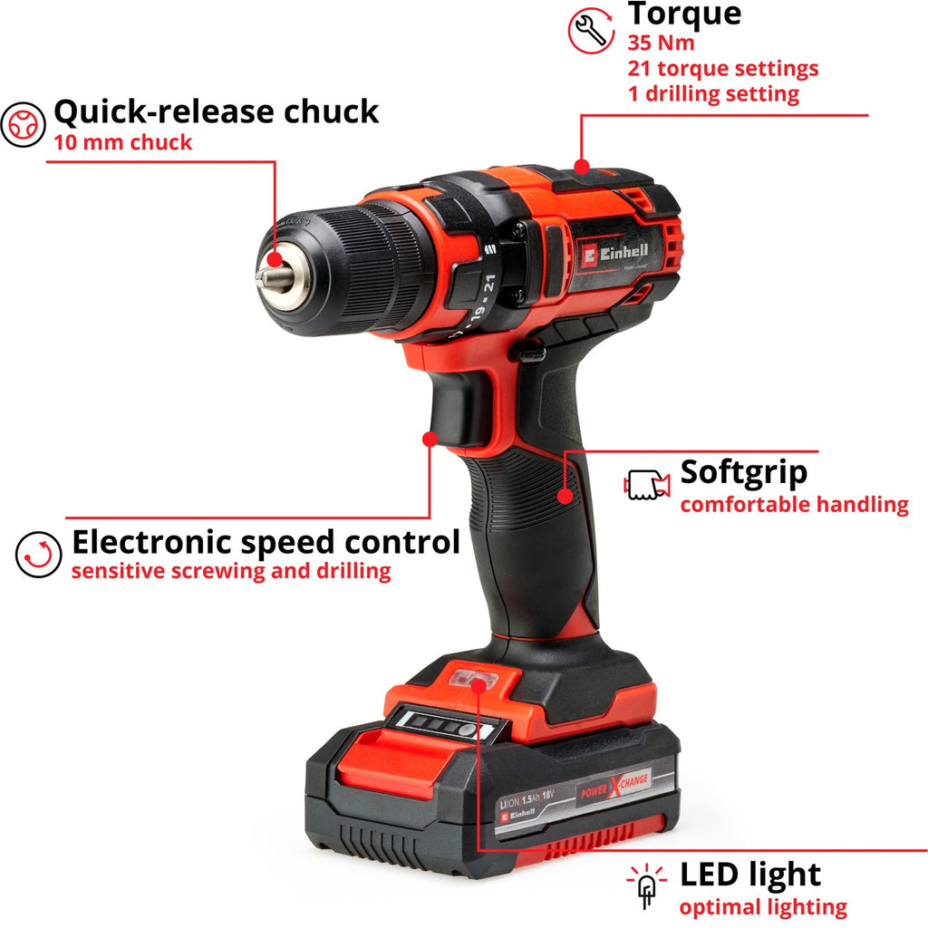 Einhell accu schroefboor tc-cd 18 35 li kit 1.5 ah schroeftol (rood zwart)