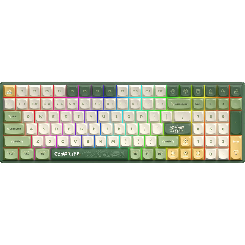 Iqunix f97 camping wireless mechanical keyboard, gaming toetsenbord (groen oranje, us lay-out, cherry mx brown, rgb leds, 96%, hot-swappable, pbt, 2.4ghz | bluetooth 5.1 | usb-c)