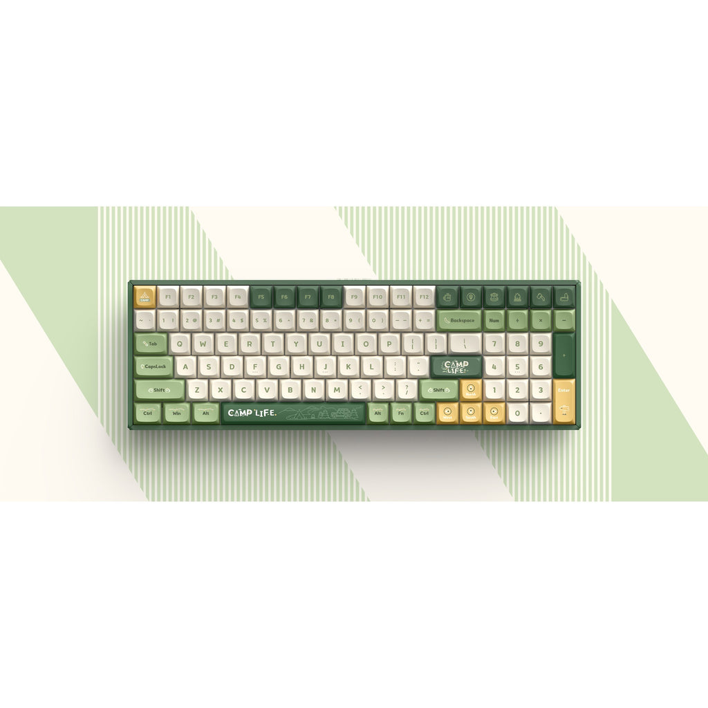 Iqunix f97 camping wireless mechanical keyboard, gaming toetsenbord (groen oranje, us lay-out, cherry mx brown, rgb leds, 96%, hot-swappable, pbt, 2.4ghz | bluetooth 5.1 | usb-c)