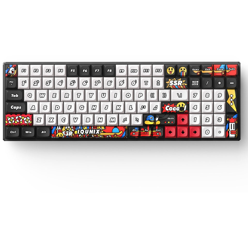 Iqunix f97 graffiti diary wireless mechanical keyboard, gaming toetsenbord (zwart wit, us lay-out, cherry mx red, rgb leds, 96%, hot-swappable, pbt, 2.4ghz | bluetooth 5.1 | usb-c)
