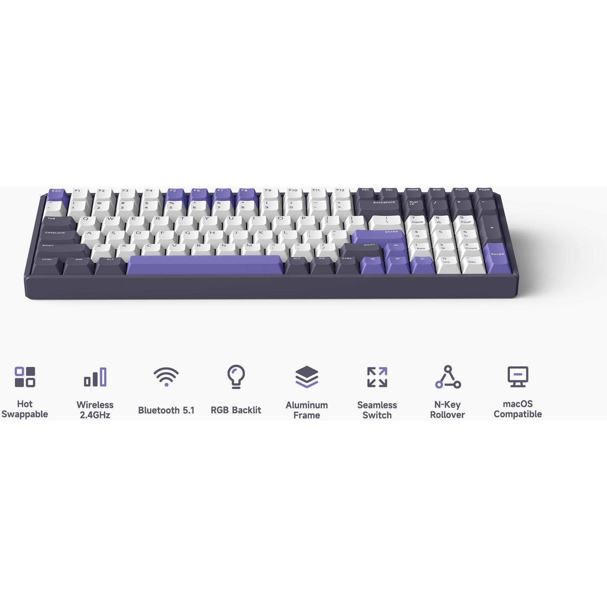 Iqunix f97 lavandin wireless mechanical keyboard, gaming toetsenbord (lavendel, us lay-out, cherry mx brown, rgb leds, 96%, hot-swappable, pbt, 2.4ghz | bluetooth 5.1 | usb-c)