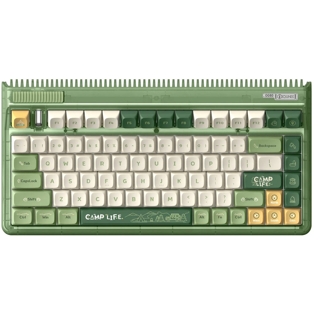 Iqunix og80 camping wireless mechanical keyboard, gaming toetsenbord (groen oranje, us lay-out, cherry mx red, rgb leds, 80% (tkl), hot-swappable, pbt, 2.4ghz | bluetooth 5.1 | usb-c)