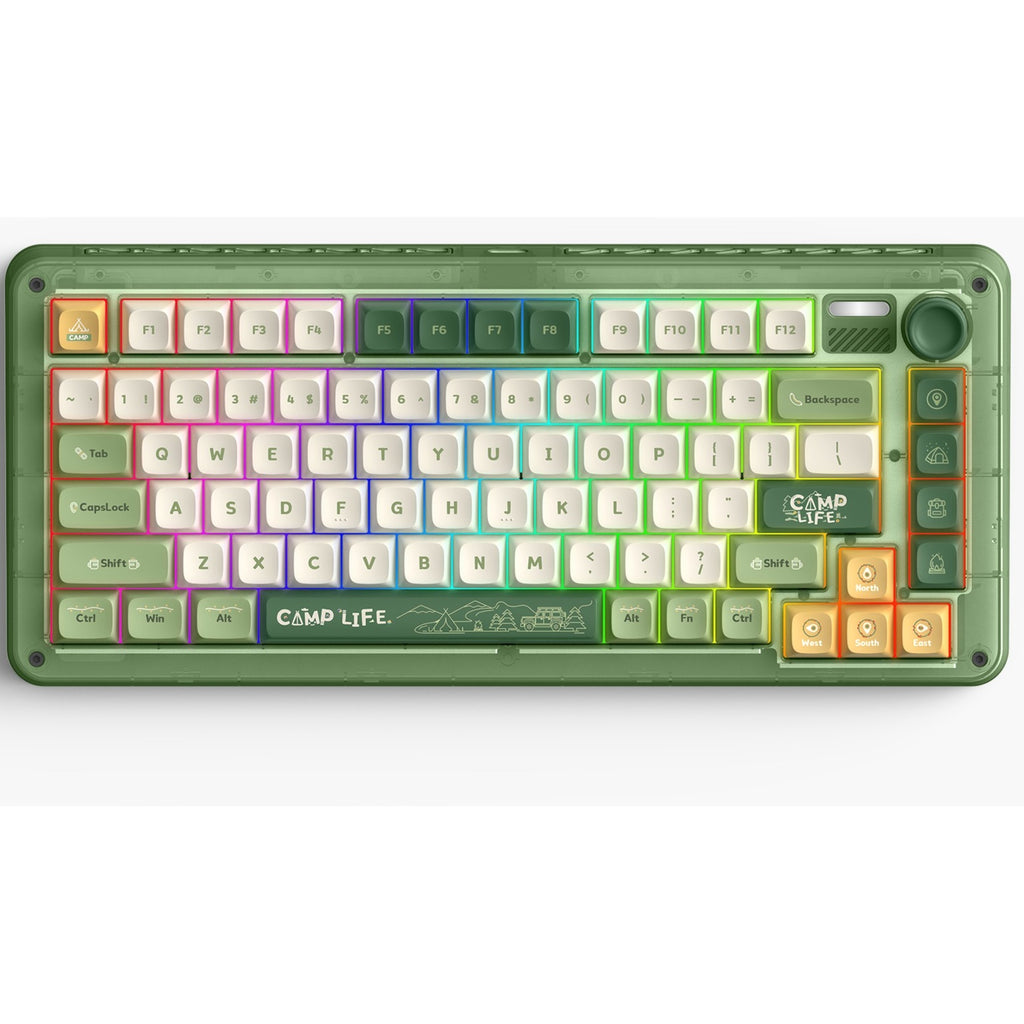 Iqunix zx75 camping wireless mechanical keyboard, gaming toetsenbord (groen oranje, us lay-out, cherry mx blue, rgb leds, 75%, hot-swappable, double-shot pbt, 2.4ghz | bluetooth 5.1 | usb-c)