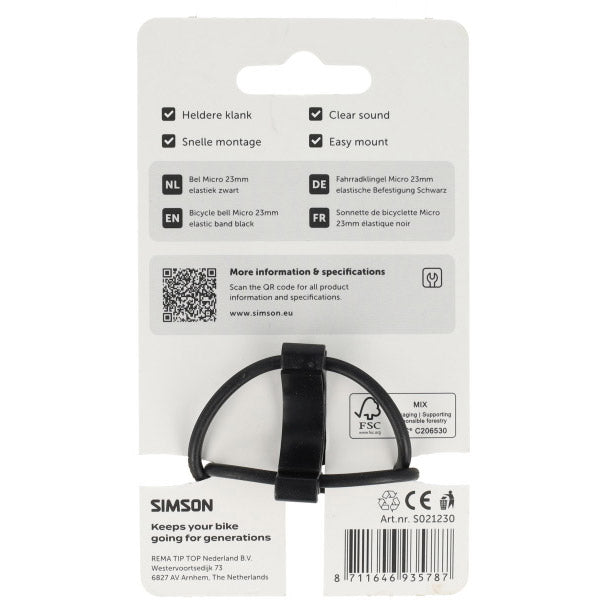 Simson - fietsbel micro 23mm rubber elastiek bevestiging zwart