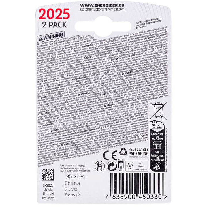 Enerdis - Enerdis Energizer batterij lithium 3v cr2025 blister (2st)