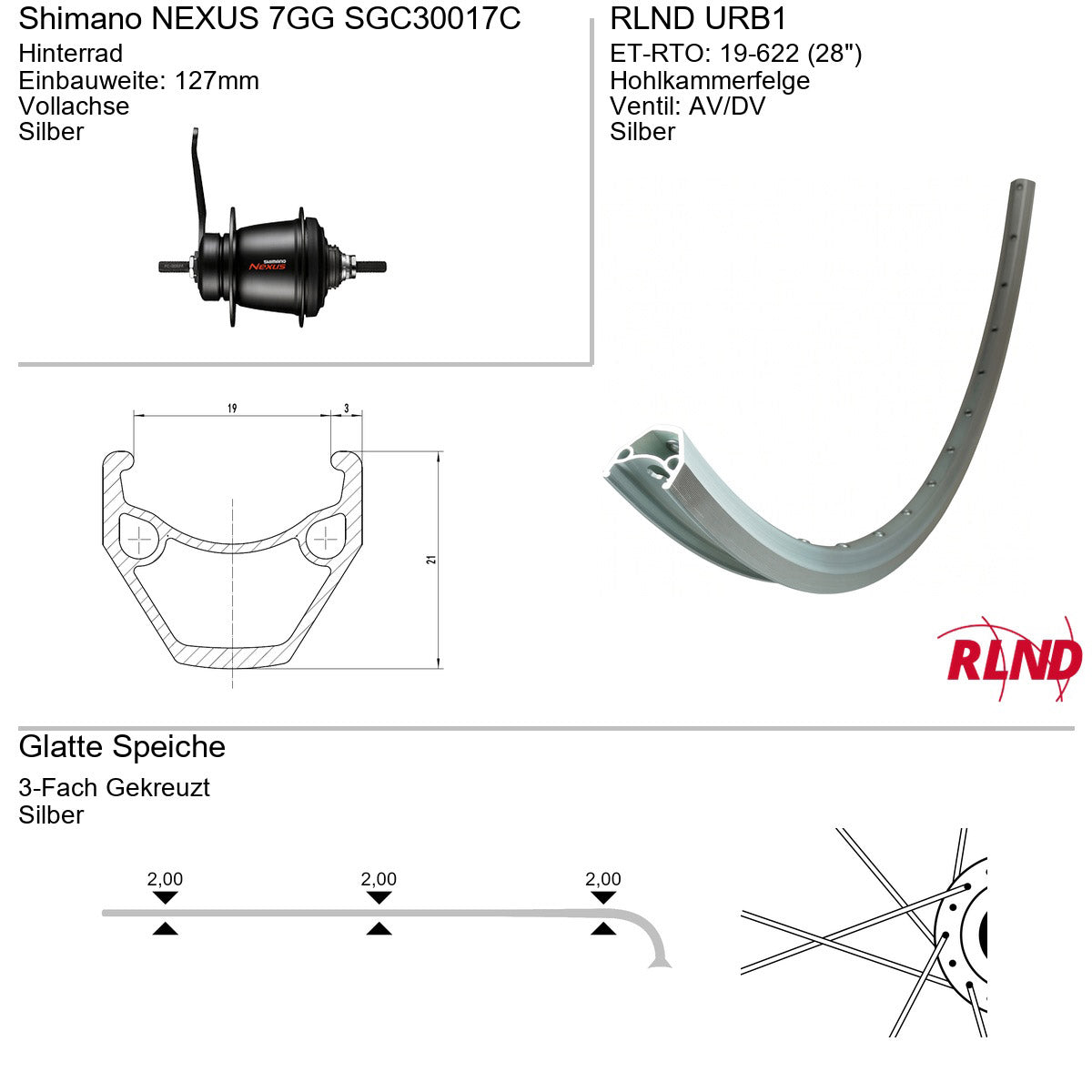 Roland - achterwiel urb1 28" 19-622 36g sa 7-gg zil/zil