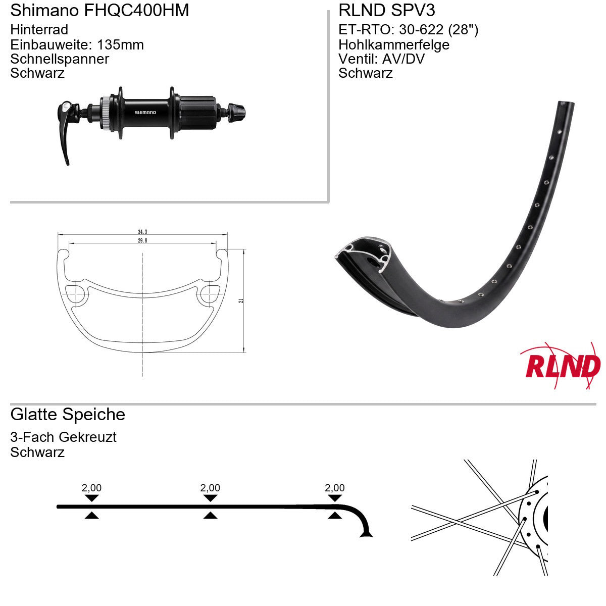 Roland - achterwiel spv3 28" 30-622 32g qr fhqc400hm zw/zw