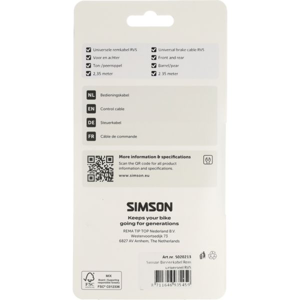 Simson - rem binnenkabel universeel rvs