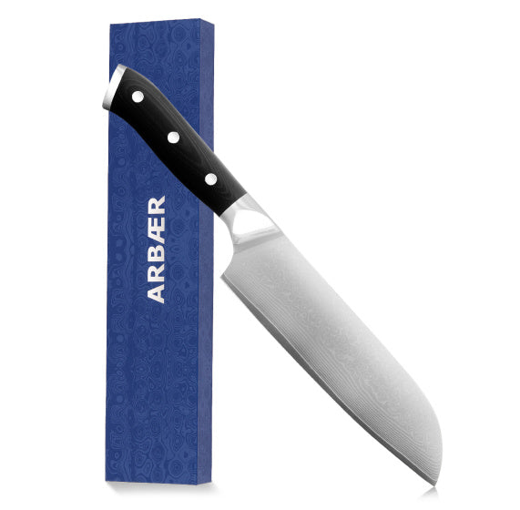 Arbaer koksmes 18 cm japans santoku lemmet damascus staal g10 handvat