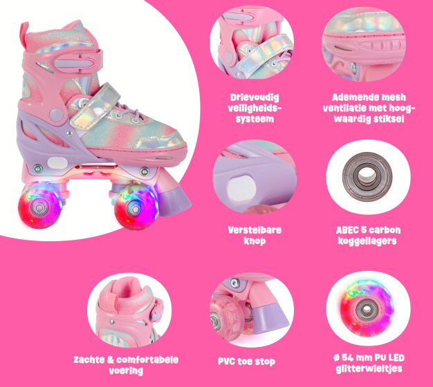 Aventuri verstelbare rolschaatsen met lichtjes roze glitter maat 27-30 (xs)
