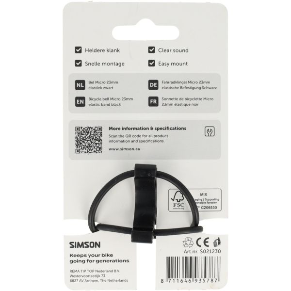 Simson fietsbel micro 23mm rubber elastiek bevestiging zwart