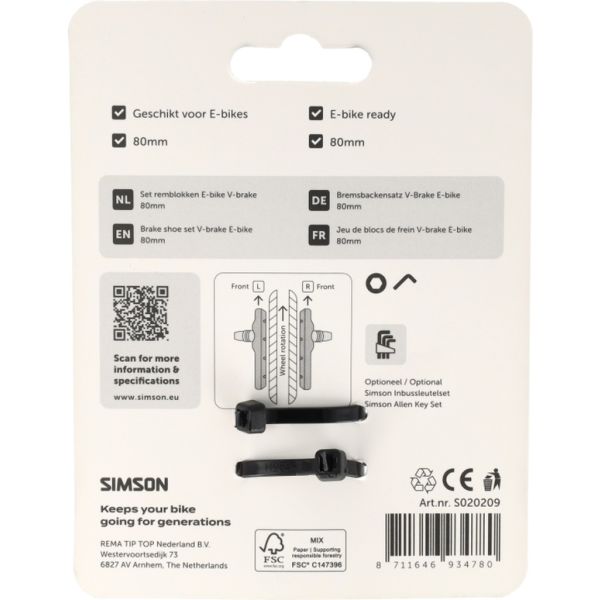 Simson - remblokken e-bike v-brake 80mm