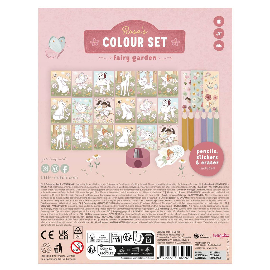 Little Dutch - Little Dutch rosa & friends fairy garden kleurset met 8 potloden kleurplaatjes en gum