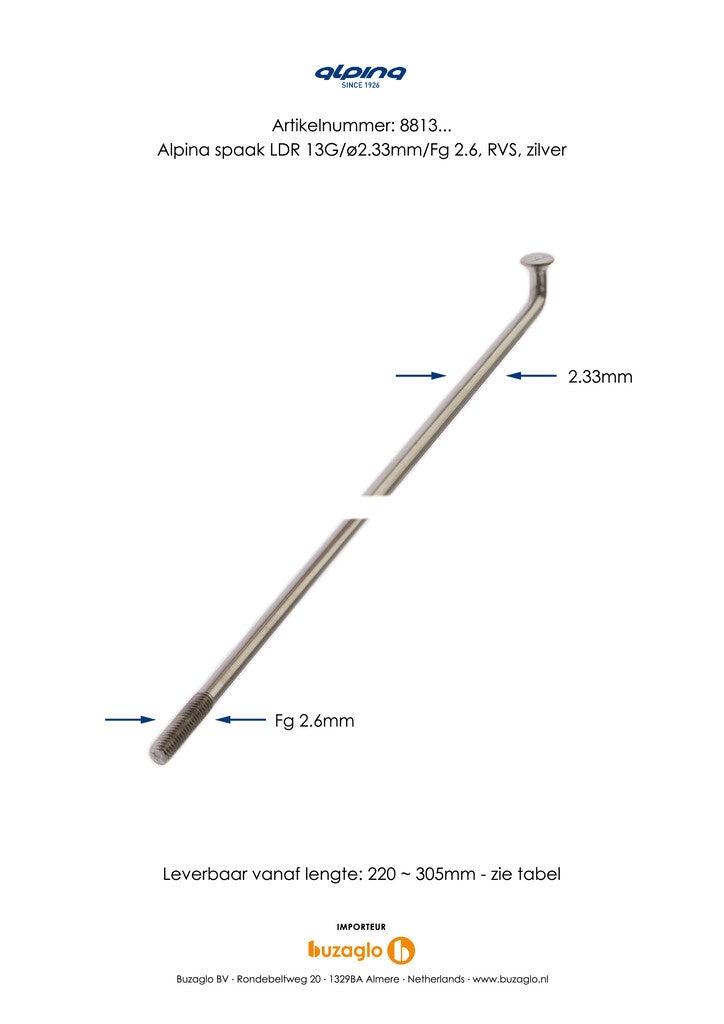 Rayons Alpina 13G (2,34 mm) 266 mm en acier inoxydable (P36)