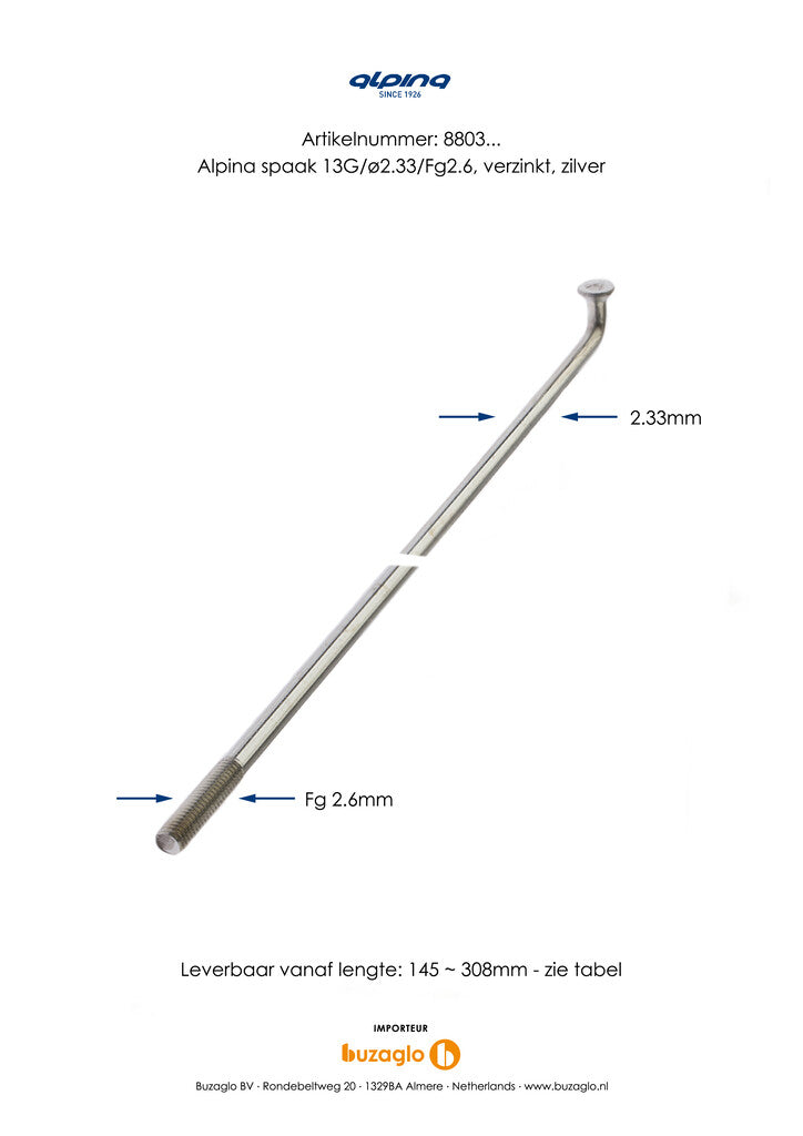 Rayons Alpina 13G (2,34 mm) 282 mm zinc (P36)
