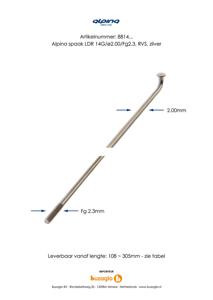 Buzaglo - Buzaglo Spaken 286-14 alpina ø2.00mm fg 2.3 rvs - zilver (144 stuks) 1