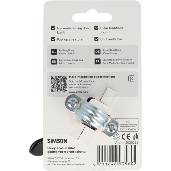 Rema tip top nederland b.v. simson bel dingdong medium chroom 60mm