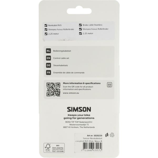 Simson remkabelset compleet rvs shim. nexus rollerbr. zwart