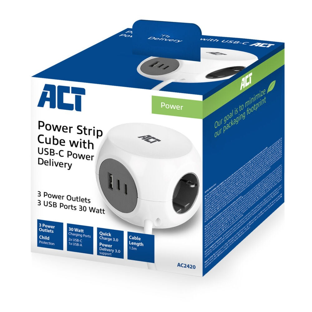 ACT Connectivity - ACT Connectivity Act stekkerdoos kubus met 3 stopcontacten 30w power delivery usb-c/a poorten kabellengte 15m ac2420