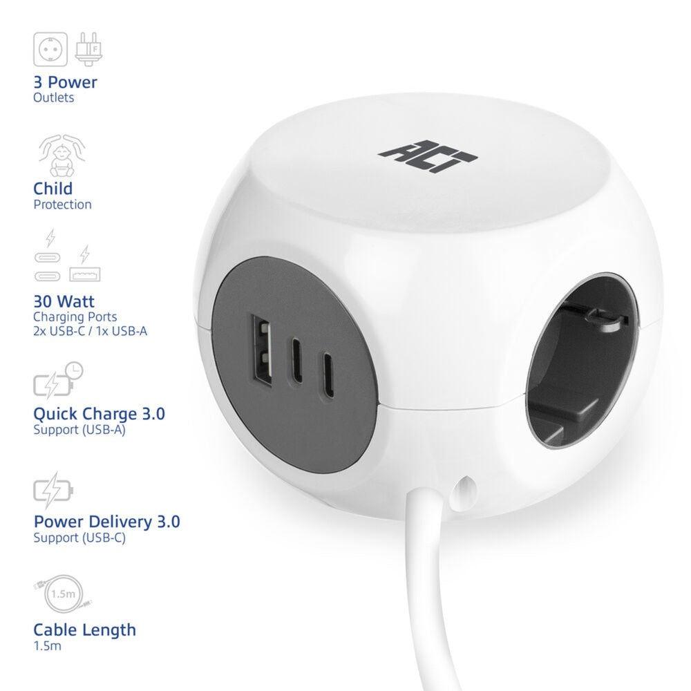 ACT Connectivity - ACT Connectivity Act stekkerdoos kubus met 3 stopcontacten 30w power delivery usb-c/a poorten kabellengte 15m ac2420