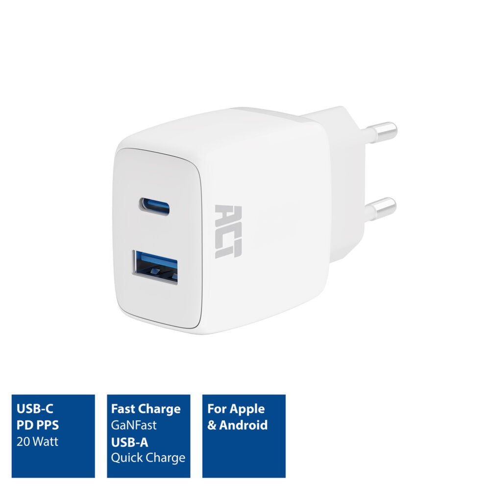 ACT Connectivity - ACT Connectivity usb-c & usb-a lader 20w met power delivery pps quick charge ganfast oplader (wit)