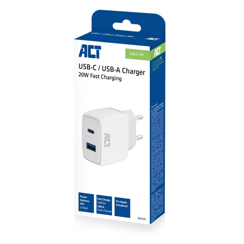ACT Connectivity - ACT Connectivity usb-c & usb-a lader 20w met power delivery pps quick charge ganfast oplader (wit)