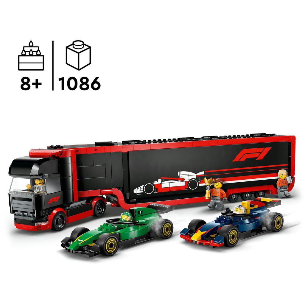 Lego city 60445 f1 truck met rb20 en amr24 f1 auto's