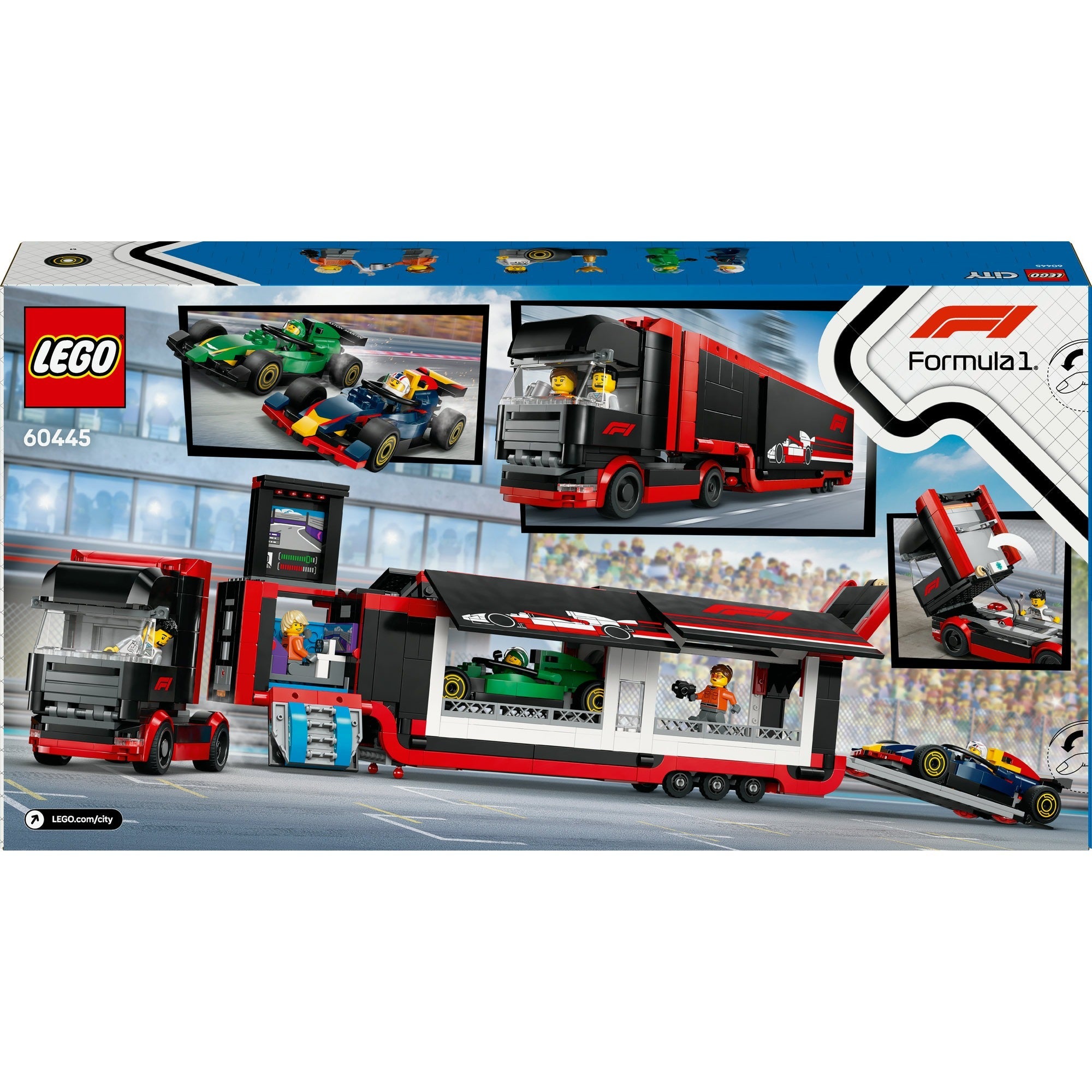 Lego city 60445 f1 truck met rb20 en amr24 f1 auto's