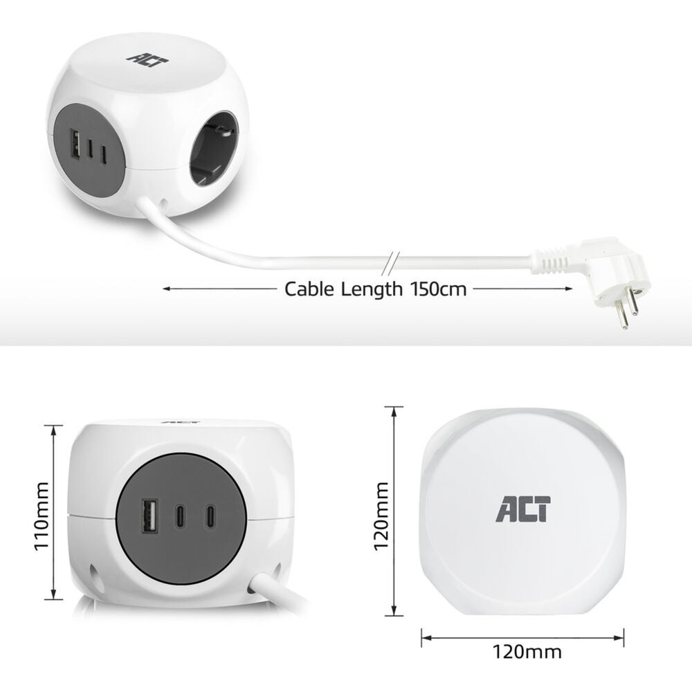 ACT Connectivity - ACT Connectivity Act stekkerdoos kubus met 3 stopcontacten 30w power delivery usb-c/a poorten kabellengte 15m ac2420