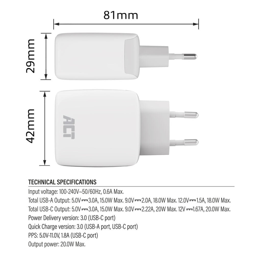 ACT Connectivity - ACT Connectivity usb-c & usb-a lader 20w met power delivery pps quick charge ganfast oplader (wit)