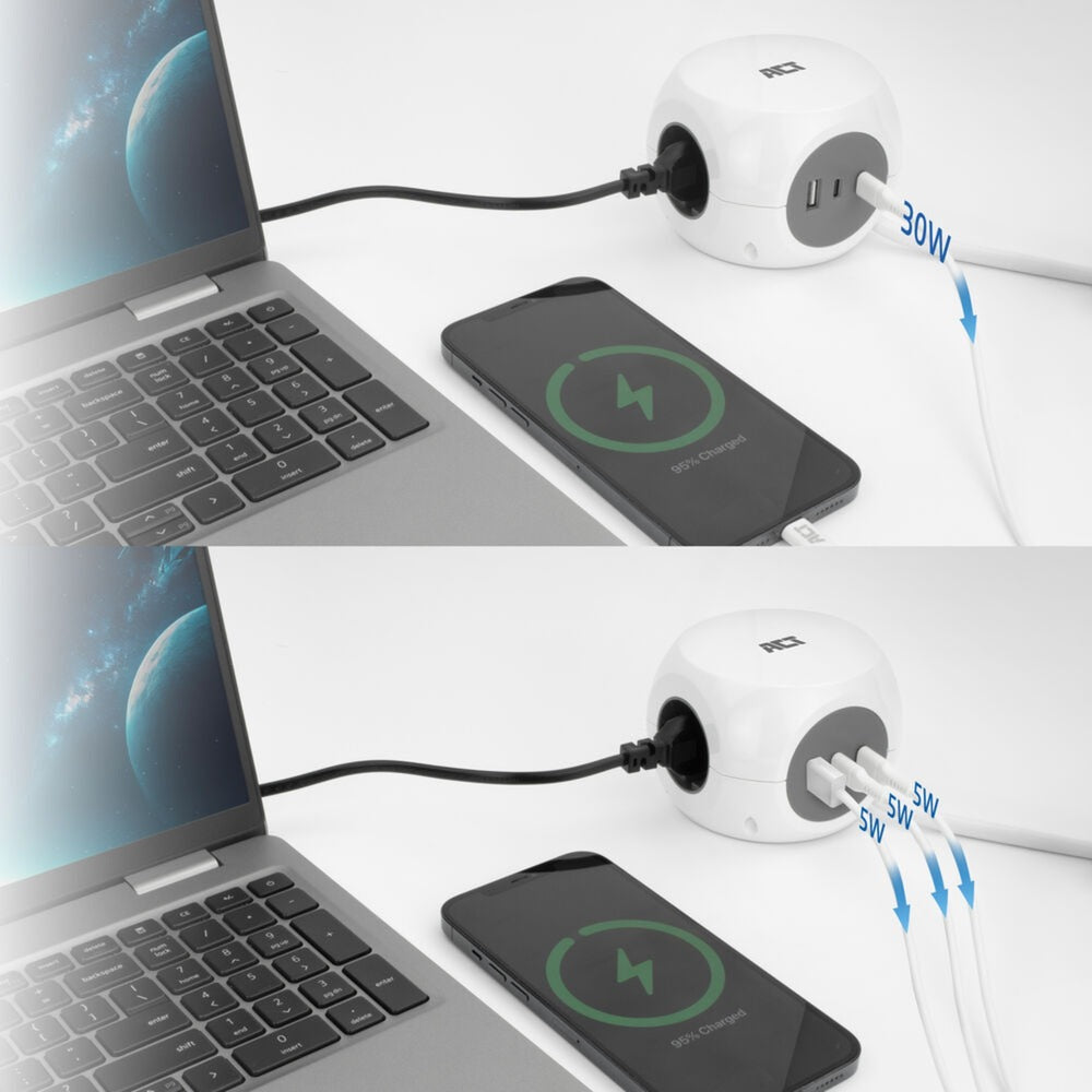ACT Connectivity - ACT Connectivity Act stekkerdoos kubus met 3 stopcontacten 30w power delivery usb-c/a poorten kabellengte 15m ac2420