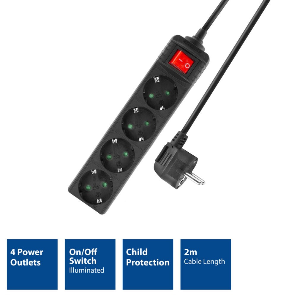 ACT Connectivity - ACT Connectivity stekkerdoos met lichtgevende schakelaar 4 sockets 2 m zwart stekkerdoos (zwart)
