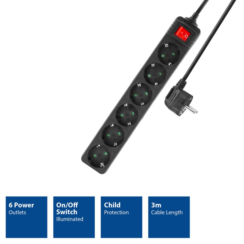 ACT Connectivity - ACT Connectivity Act stekkerdoos met lichtgevende schakelaar 6 sockets 3 m zwart ac2465