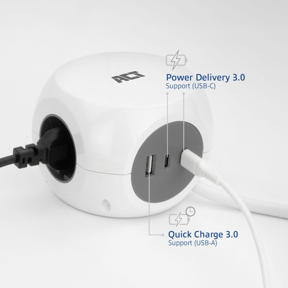 ACT Connectivity - ACT Connectivity Act stekkerdoos kubus met 3 stopcontacten 30w power delivery usb-c/a poorten kabellengte 15m ac2420