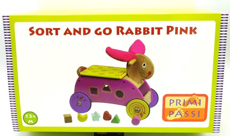 Jonotoys - Jonotoys Primi passi - houten vormen- en loopwagen konijn roze