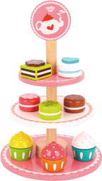 Tooky toy Houten Etagère met Gebakjes Roze Wit 12-delig