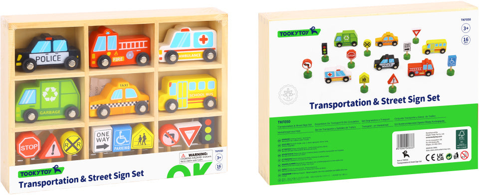 Tooky toy Houten Voertuigenen Verkeersbordenset 16-delig