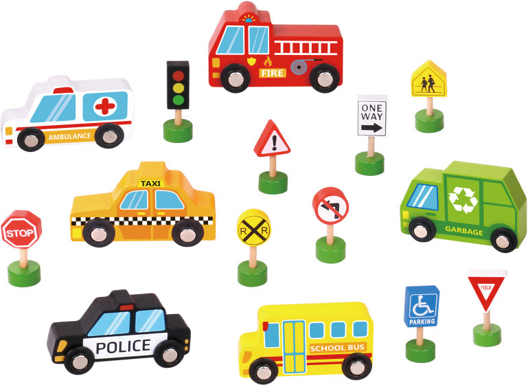 Tooky toy Houten Voertuigenen Verkeersbordenset 16-delig
