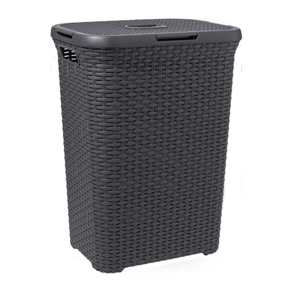 Curver style wasbox met deksel rotanstyle 60 liter antraciet 45x34x62 cm